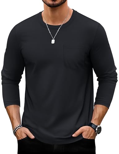 TACVASEN Atmungsaktiv T-Shirt für Herren Freizeit Baumwollhemd Langarm Outdoor Einfarbige Arbeits Rundhalsshirts Männer Sommer Herbsthemd Schwarz M von TACVASEN