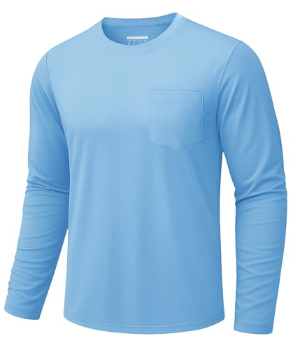 TACVASEN Atmungsaktive Männer Freizeitshirts Langarm Rundhalsshirts Männer Einfarbige Baumwolle Herbst Sommer Shirt mit Brusttasche Lakeblue XL von TACVASEN