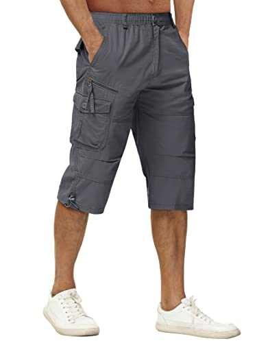 TACVASEN Herren Kurze Cargohose Baumwolle 3/4 Cargo Bermuda Shorts Outdoor Lässige Shorts Freizeitshorts mit Taschen (32, Dunkelgrau) von TACVASEN