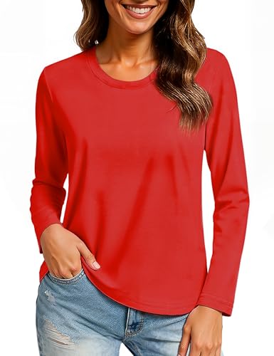 TACVASEN Baumwolle T-Shirt für Damen Langarm Rundhals Oberteile Langarmshirt Basic Sport Shirt Herbst Tops Rotes M von TACVASEN