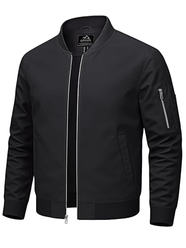 TACVASEN Herren Bomber jacke Leichte Dünn Übergangsjacke mit Reißverschluss Taschen Outdoor Wasserschutz für Frühling Herbst Schwarz M von TACVASEN