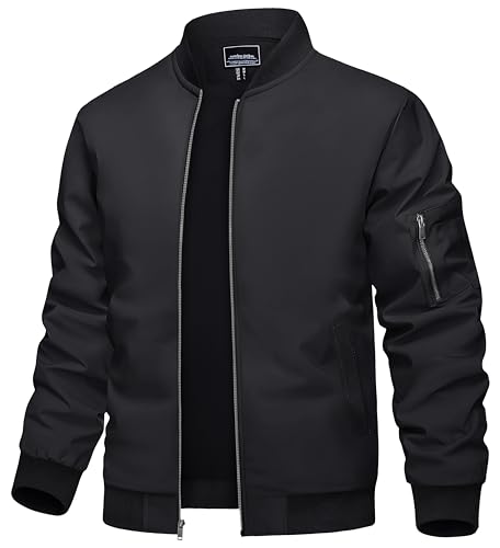 TACVASEN Herren College Jacke Pilotenjacke Bomber Jacket Sommerjacke Baseball Windbreaker Frühling Sportjacke (XXL, Schwarz) von TACVASEN