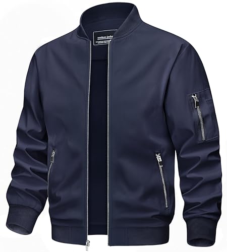 TACVASEN Herren Bomberjacke Fliegerjacke College Pilotenjacke Baseball Übergangsjacke Sportjacke Bomber Jacke mit Reißverschluss (S, Marineblau) von TACVASEN