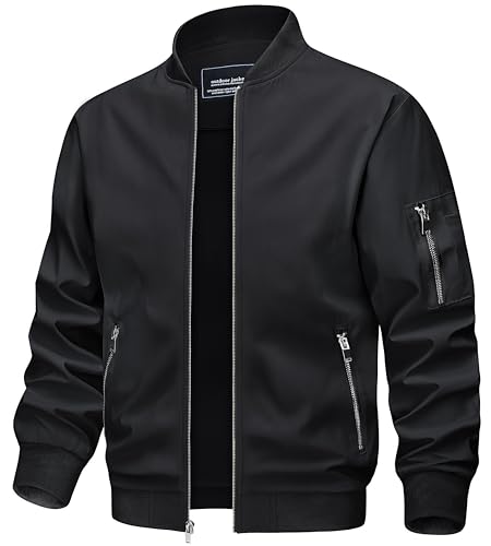 TACVASEN Herren Bomberjacke Fliegerjacke Übergangsjacke Leicht Pilotenjacke Bomber Jacke Windjacke Herbstjacke für Männer (L, Schwarz) von TACVASEN