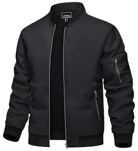TACVASEN Herren Bomberjacke Fliegerjacke Übergangsjacke Leicht Pilotenjacke Bomber Jacke Windjacke Herbstjacke für Männer (L, Schwarz) von TACVASEN