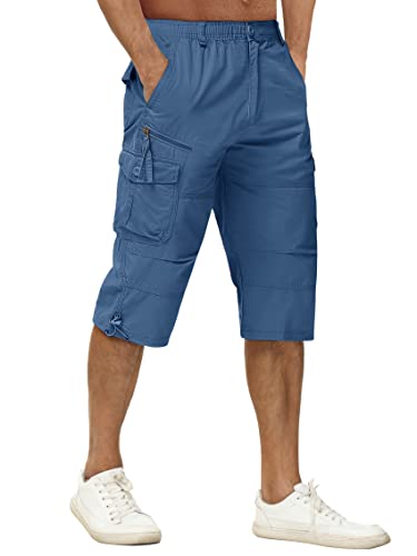 TACVASEN Herren Kurze Cargohose Baumwolle 3/4 Cargo Bermuda Shorts Outdoor Lässige Freizeitshorts mit Taschen (40, Blau) von TACVASEN