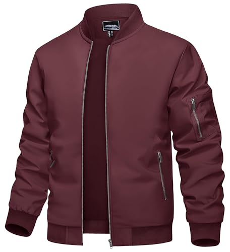 TACVASEN Herren Windbreaker College Jacke Bomberjacke Übergangsjacke Fliegerjacke Sommer Pilotenjacke Bomber Blouson Frühling (3XL, Weinrot) von TACVASEN