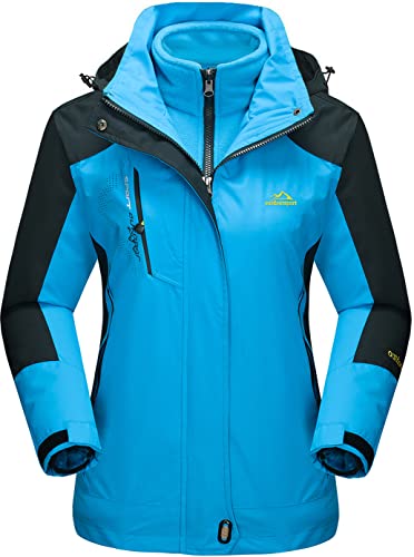 TACVASEN Damen 3-in-1 Jacke Wasserdicht Fleece Gefüttert Kapuzenmantel für Winter Outdoor Ski Sports, Blau, XL von TACVASEN