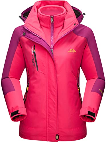 TACVASEN Damen 3-in-1 Jacke Wasserdicht Fleece Gefüttert Kapuzenmantel für Winter Outdoor Ski Sports, Rose Rot, XL von TACVASEN