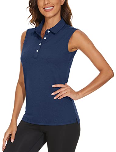 TACVASEN Damen Ärmellos Poloshirt Meliert Golf T-Shirts Yoga Sport Tank Top Activewear Unterhemd Schnell Trocknend, Navy, L von TACVASEN