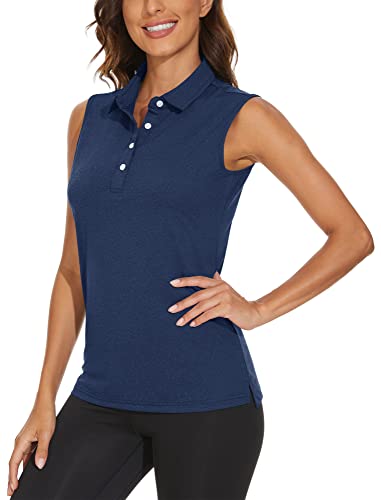 TACVASEN Damen Ärmellos Poloshirt Meliert Golf T-Shirts Yoga Sport Tank Top Activewear Unterhemd Schnell Trocknend, Navy, S von TACVASEN