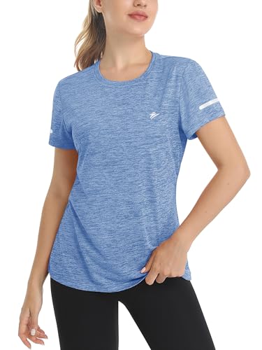 TACVASEN Sport Oberteile Damen Kurzarm Atmungsaktiv Fitnessshirt Sportshirt Schnell-Trocknend Laufshirt Outdoor Golf Shirt Meliert (L, Hellblau) von TACVASEN