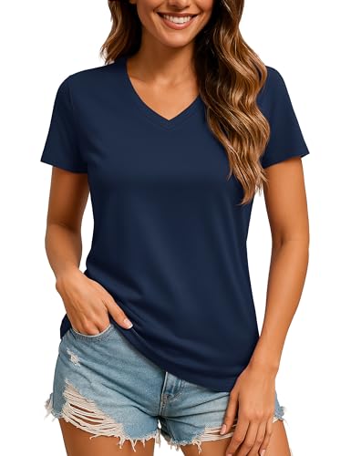 TACVASEN Damen Einfarbiges Tshirt UPF 50+ Atmungsaktiv V-Neck Top Locker Kurzarm Funktionsshirt für Outdoor Workout (S, Marineblau) von TACVASEN