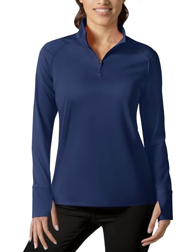 TACVASEN Damen Fleece Langarm T-Shirt Sportshirt Langarm Atmungsaktiv Langarmshirt Shirts mit 1/4 Reißverschluss Marineblau S von TACVASEN