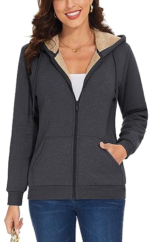 TACVASEN Damen Fleece Thermo Winterjacke Sweatshirt Full Zip Hoodie Sport Freizeitjacke mit Kordelzug, Dunkelgrau, L von TACVASEN