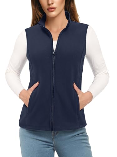 TACVASEN Damen Fleece Vest Ärmellos Gilets Warm Fleeceweste mit Reißverschluss Taschen Sportweste für Frauen Winter Blau S von TACVASEN