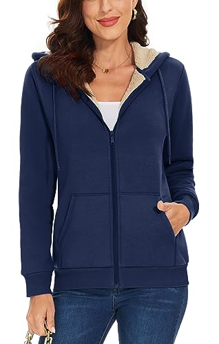 TACVASEN Damen Fleecejacke Gefütterte Winter Kapuzenjacke Fleece Sweatjacke Basic Hoodie Casual Jacket, Marineblau, L von TACVASEN