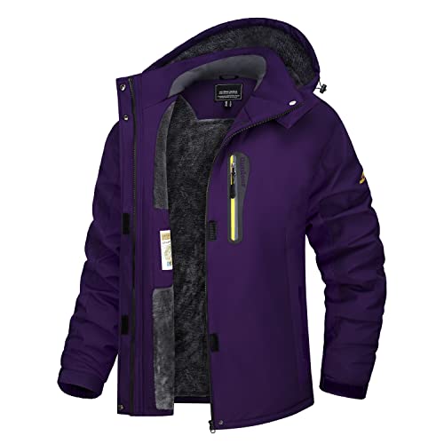 TACVASEN Damen Fleecejacke Kapuze Winter Outdoor Jacke Wasserabweisend Softshelljacken Multi Taschen (L, Dunkelviolett) von TACVASEN