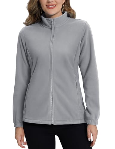 TACVASEN Fleecejacke für Damen mit Durchgehendem Reißverschluss Warm Strickjacke Outdoor Jacke für Wandern und Freizeit Hellgrau L von TACVASEN