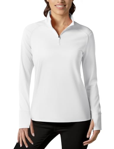 TACVASEN Damen Fleecepullover Sportshirt Langarm Fleece Langarmshirt mit 1/4 Reißverschluss Winter Laufshirt Warm Weiß 2XL von TACVASEN