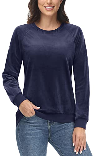 TACVASEN Damen Fleeceshirts Crew Pullover Thermo Freizeitshirt Einfarbig Frauen Stretch Sweatshirts Polyester, Navy Blau, M von TACVASEN