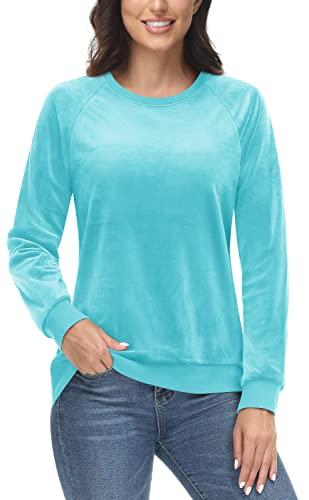 TACVASEN Damen Freizeit Pullover Samt Winter Sweatshirt Damenshirts Weich Sweater Fleece Pulli, Wasserblau, L von TACVASEN