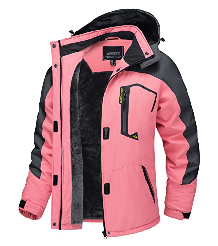 TACVASEN Damen Funktionsjacke Wandern Winterjacke Winddicht Wasserdicht Regenjacke Warm Fleece Snowboardjacke Wetterjacke, Rosa-grau, L von TACVASEN