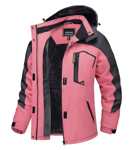 TACVASEN Damen Funktionsjacke Wandern Winterjacke Winddicht Wasserdicht Regenjacke Warm Fleece Snowboardjacke Wetterjacke, Rosa-grau, XL von TACVASEN