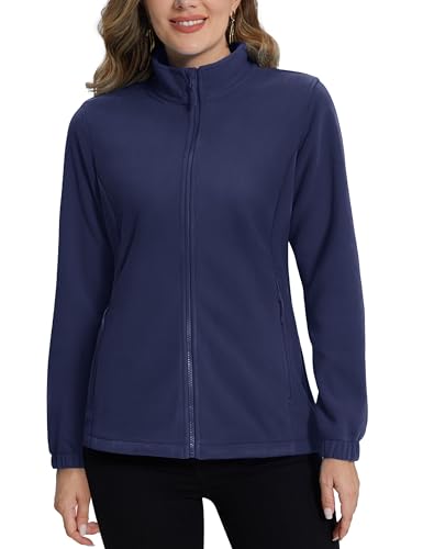 TACVASEN Damen Fleecejacke Winter Fleece Jacke mit Durchgehendem Reißverschluss Thermo Outdoorjacke für Wandern und Freizeit Marineblau 2XL von TACVASEN
