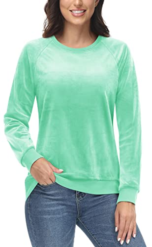 TACVASEN Damen Joggingshirts Velour Winter Sweatshirts Crewneck Trainingsshirts Jogging Laufshirts Atmungsaktiv, Minzgrün, L von TACVASEN