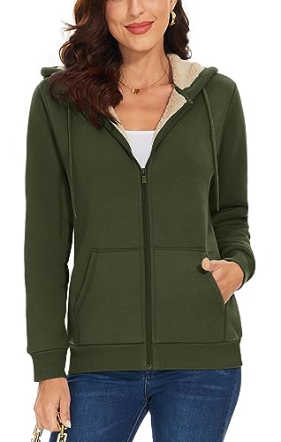 TACVASEN Damen Kapuzenpullover Sweatjacke Warm Winterjacke Innenfutter Reißverschluss Pulli Hooded Jacket, Armeegrün, L von TACVASEN