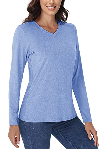 TACVASEN Damen Langarm Funktionsshirt mit V-Ausschnitt UPF 50+ Outdoor Langarmshirt Atmungsaktiv Tshirt, Hellblau, XL von TACVASEN