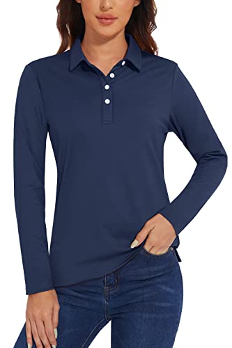 TACVASEN Damen Langarm Golf Polo Shirt UPF50+ Sonnenschutz Shirt Atmungsaktiv Leicht Tennis Top mit 4 Knöpfen (L, Marineblau) von TACVASEN