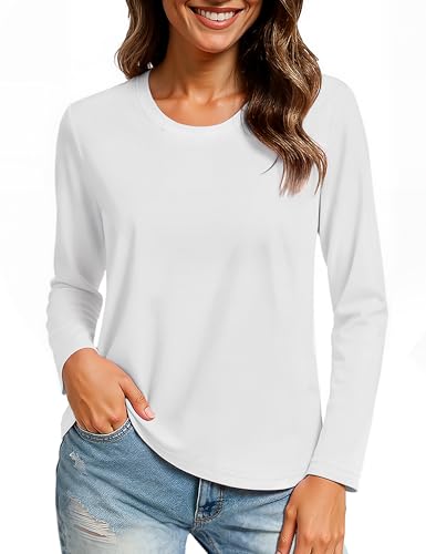 TACVASEN Damen Langarm T-Shirt Basic Rundhals Oberteile Baumwolle Langarmshirt Casual Sport Shirt Tops Herbst Weiß XL von TACVASEN