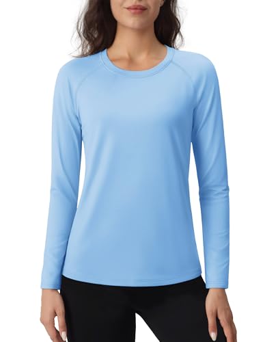 TACVASEN Damen Langarmshirt Innenfleece Leicht Funktionsshirt Warm Basic Thermounterwäsche Pullover für den Alltag (Hellblau, M) von TACVASEN