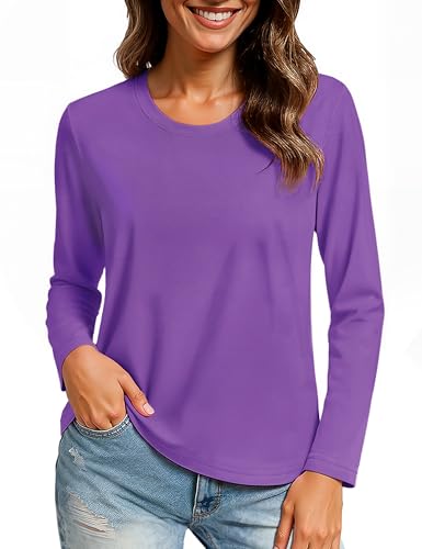 TACVASEN Damen Oberteile Langarm Shirt Langarmshirt Baumwolle Sportshirt Casual Basic T-Shirt Sport Tops Lässig Lila XL von TACVASEN