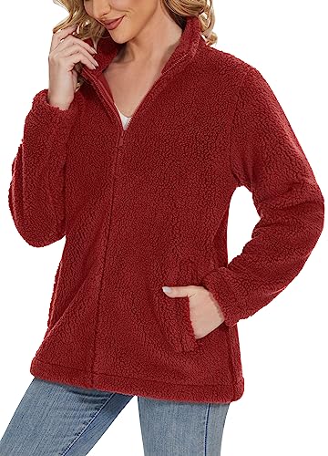 TACVASEN Damen Plüschjacke Warme Übergangsjacke Herbstjacke Winterpullover Frauen Teddy Jacke für Casual, Orangerot, L von TACVASEN