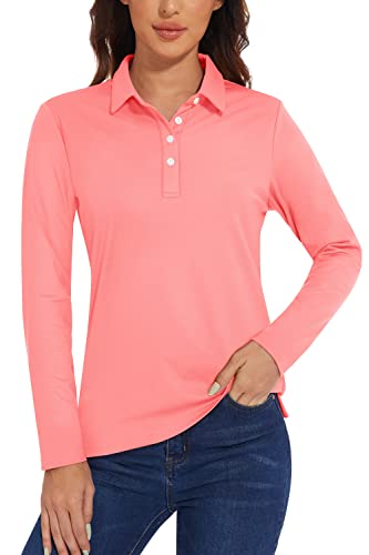 TACVASEN Damen Polo Arbeitsshirt Langarm Basic Poloshirt UV Sportshirt Quick Dry Top für Wandern, Golf und Yoga (M, Rosa) von TACVASEN