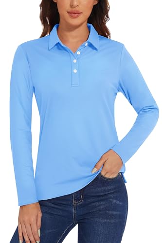 TACVASEN Damen Polo Shirt UV Sportshirt Freizeit Langarmshirt Golf Wandern Trainingsshirt Outdoor Poloshirt (L, Wasserfall Blau) von TACVASEN