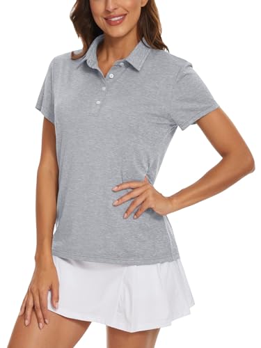 TACVASEN Damen Poloshirts Women Kurzarm Sommershirts Casual Freizeitshirts Atmungsaktiv Komfortable Damenbekleidung, Silberweiß von TACVASEN