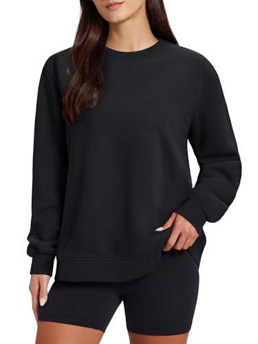 TACVASEN Damen Pullover Langarmshirt Sweatshirt Fleece Futter Langarm Baumwolle Rundhalsausschnitt Ohne Kapuze Warm Für Herbst Winter(Schwarz, M) von TACVASEN