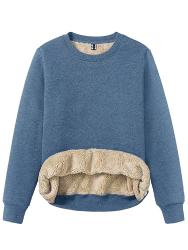 TACVASEN Damen Pullover Rundhalsausschnitt Longpullover Baumwolle Sweater Oversized Elegant Casual Oberteil Tops Winter Einfarbig Grau Blau, XXL von TACVASEN