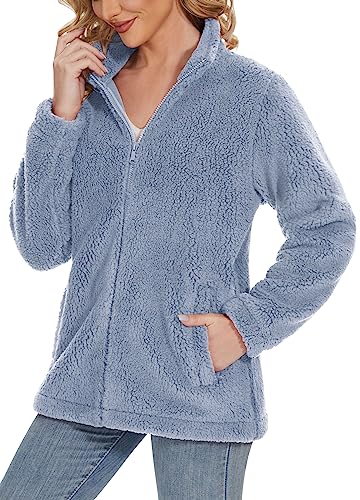 TACVASEN Damen Pullover Teddy Fleece Plüschjacke Warme Übergangsjacke Kuscheljacke Damenjacke mit Tasche, Hellgrau, L von TACVASEN