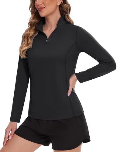 TACVASEN Damen Rash Guard UV Sonnenschutz Langarmshirt Schnelltrocknend Laufshirt Leicht Outdoor Shirt (XL, Schwarz) von TACVASEN
