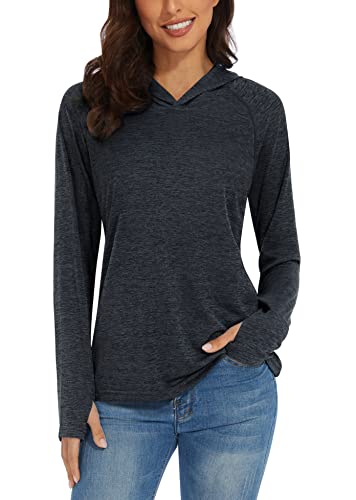 TACVASEN UV Shirt Damen UPF 50+ Schnelltrocknend Atmungsaktiv Sun Hoodie Langarm mit Daumenlöcher Leicht Schwarz M von TACVASEN