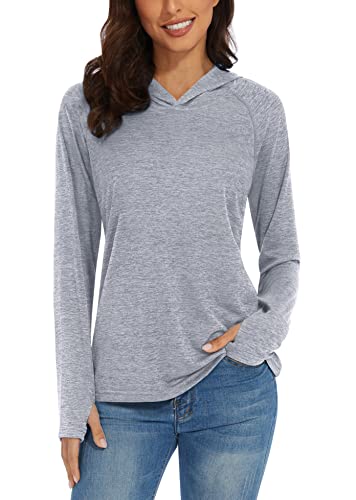 TACVASEN Damen Schnelltrocknend Jogging Shirts Laufen Langarm Hoody UV Schutz Kapuzenpullover mit Daumenloch, Hellgrau, L von TACVASEN