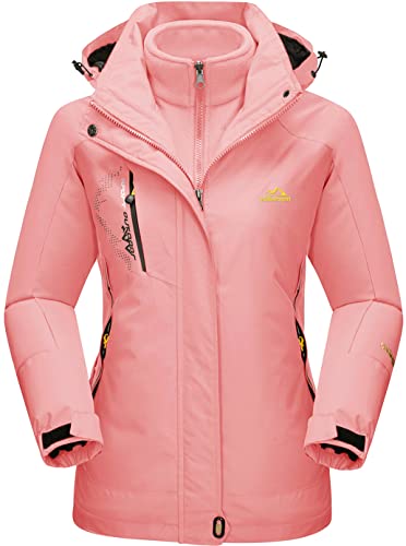 TACVASEN Damen Skijacke 3 in 1 Funktion Sotshell Jacket Gefütterte Windbreaker Winter Coat Warm Regenjacke Schneejacke Fleece Jacke, Rosa, XXL von TACVASEN