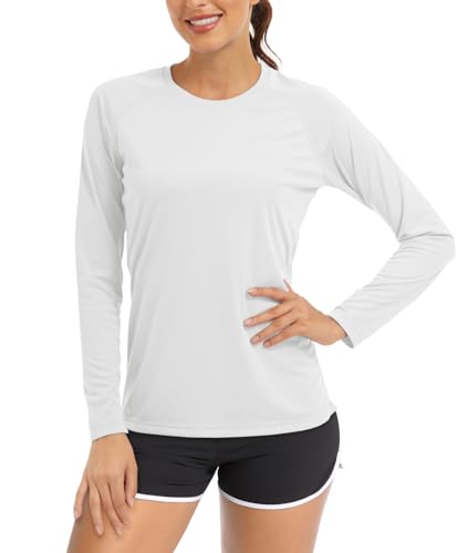 TACVASEN Damen Sonnenschutz Oberteil Langarm Laufshirt UV-Schutz UPF 50+ Leicht Tops Surf T-Shirt Outdoor Sommer Shirt (L, Weiß) von TACVASEN