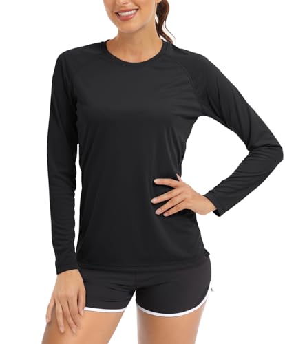 TACVASEN Rash Guard für Damen Rashguard Langarm Leicht Bademode Shirts Schnell Trocknender UPF 50+ Swimsuit (L, Schwarz) von TACVASEN