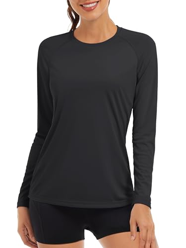 TACVASEN Rash Guard für Damen UV Shirt Langarm Leicht Bademode Shirts Schnell Trocknender UPF 50+ Swimsuit (S, Schwarz)(XXL,Schwarz) von TACVASEN